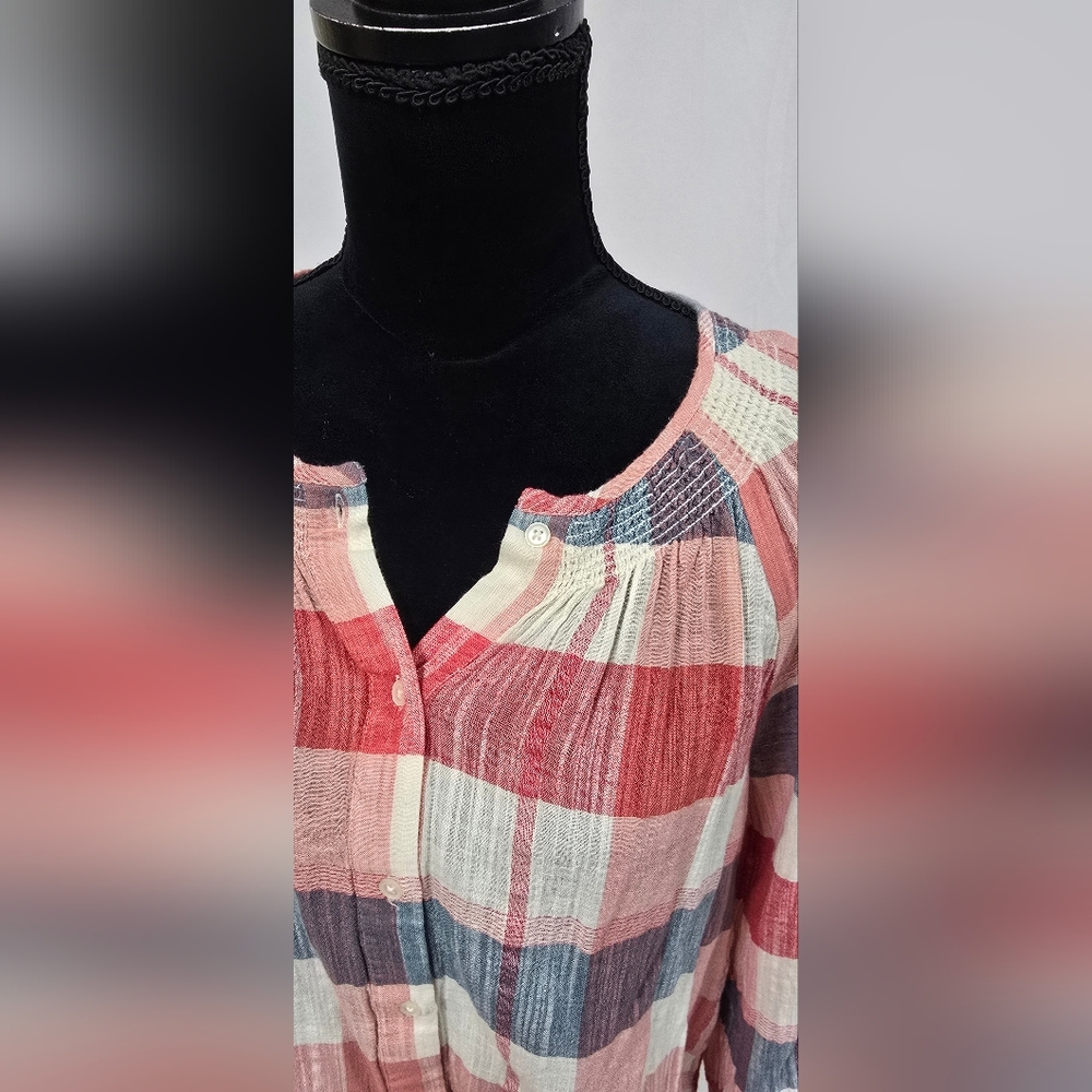 Lucky Brand women L plaid smock neck button front blouse, semi sheer, costal - Picture 5 of 8
